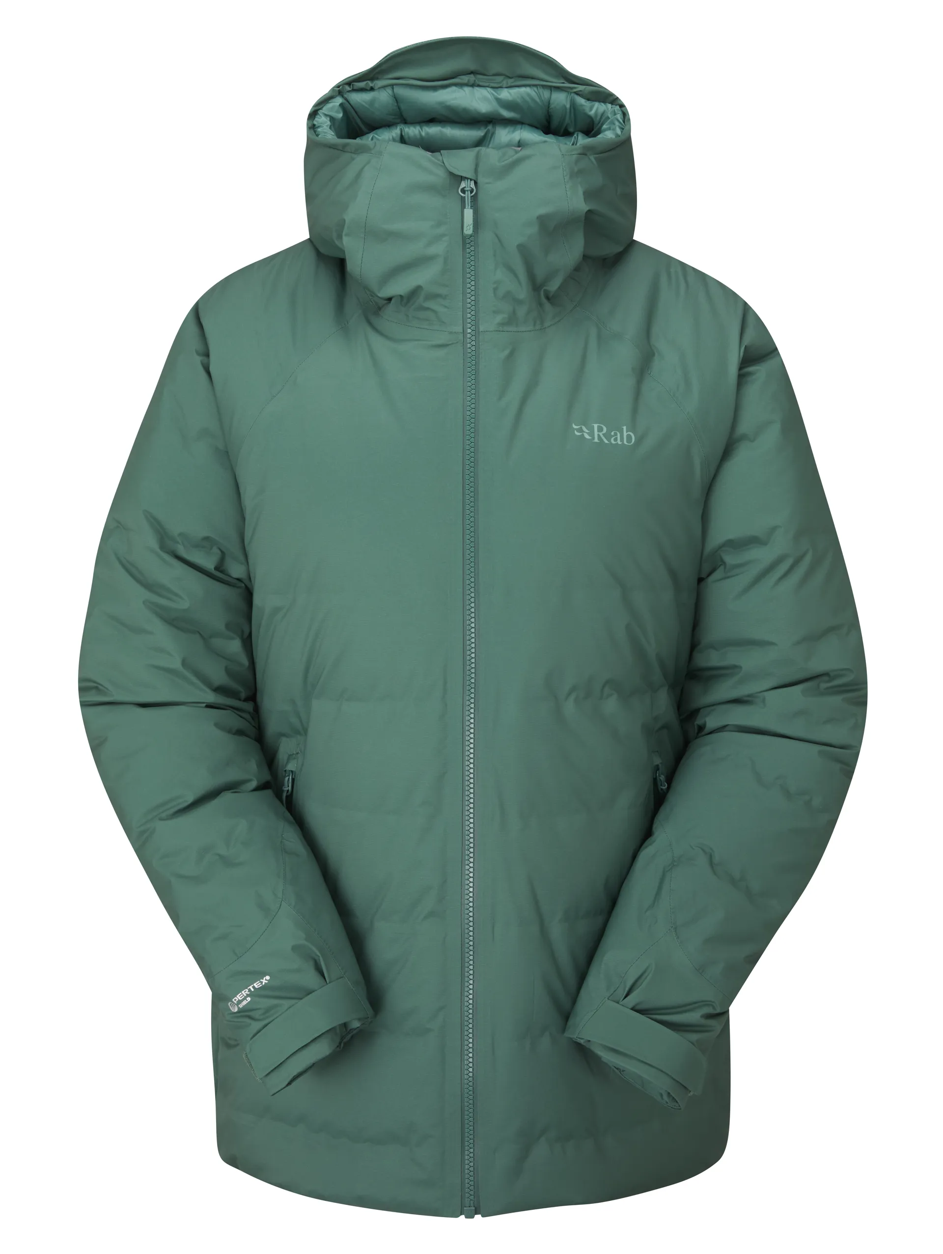Rab Valiance Waterproof Women's Down Jacket in Green Slate
